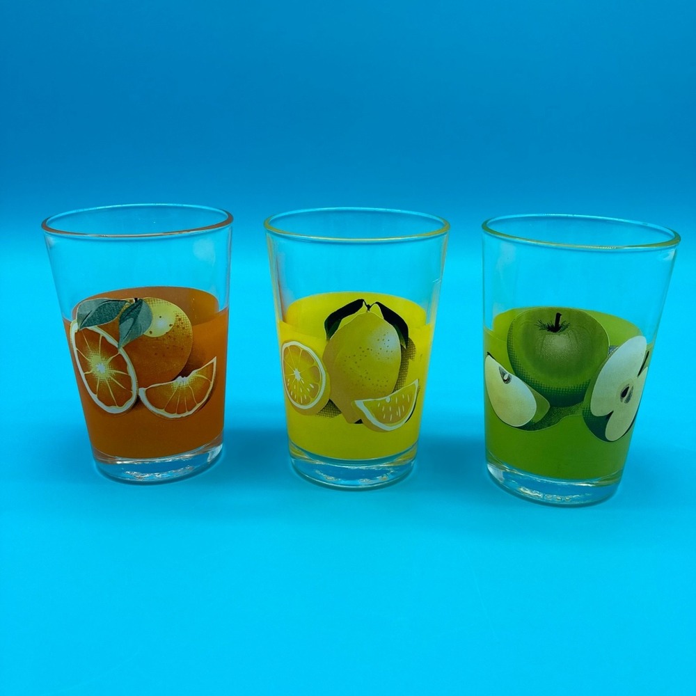 Vintage Pasabahce Fruit Juice Glasses Set of 3 Retro Lemon Orange Apple Turkey